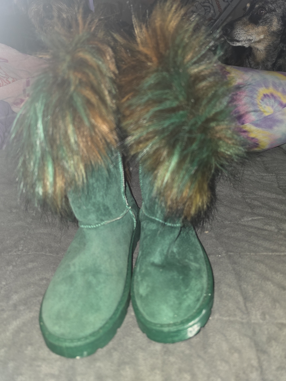 Women's Green Suede Faux-Fur Winter Boots